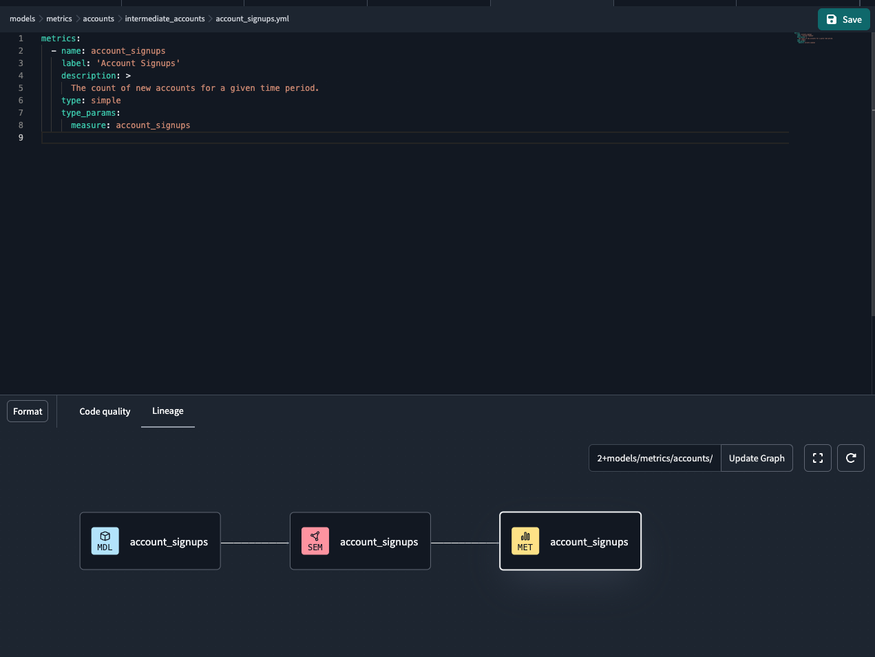 Validate your metrics using the Lineage tab in the IDE. Validate your metrics using the Lineage tab in the IDE.