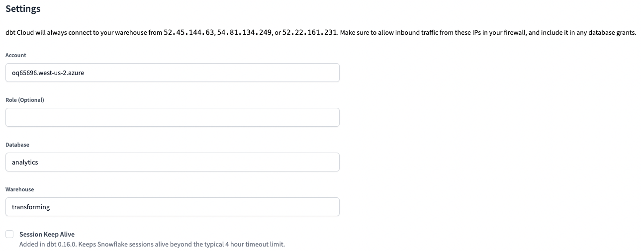 dbt Cloud - Snowflake Account Settings dbt Cloud - Snowflake Account Settings