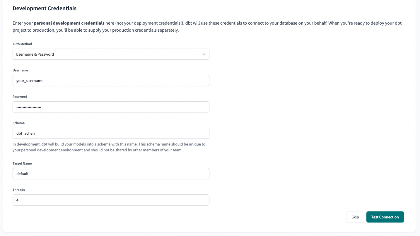 dbt Cloud - Snowflake Development Credentials dbt Cloud - Snowflake Development Credentials